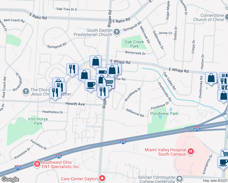 map of restaurants, bars, coffee shops, grocery stores, and more near 5800 Bigger Road in Kettering