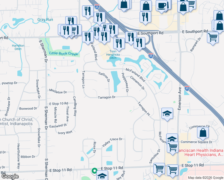 map of restaurants, bars, coffee shops, grocery stores, and more near 7355 Saffron Drive in Indianapolis