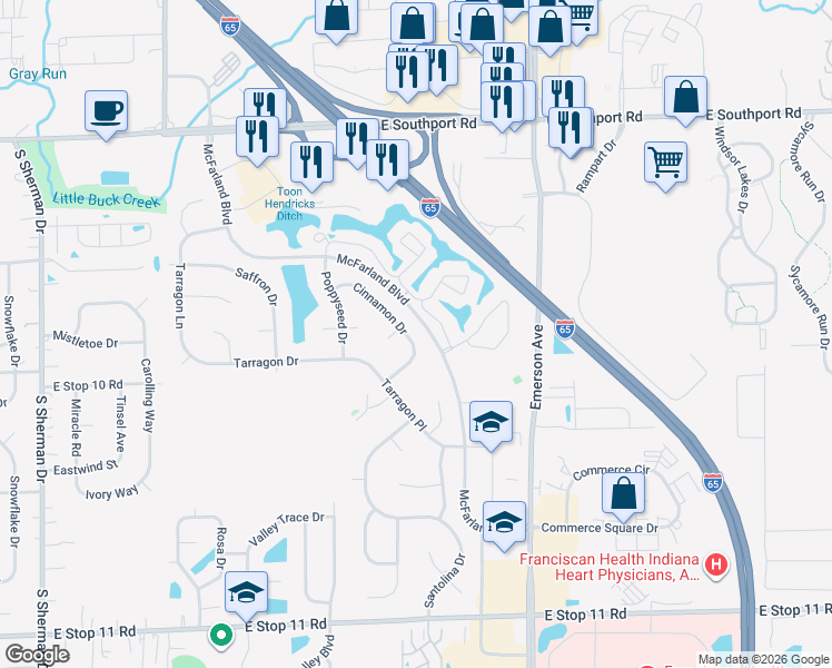 map of restaurants, bars, coffee shops, grocery stores, and more near 7423 Cinnamon Drive in Indianapolis