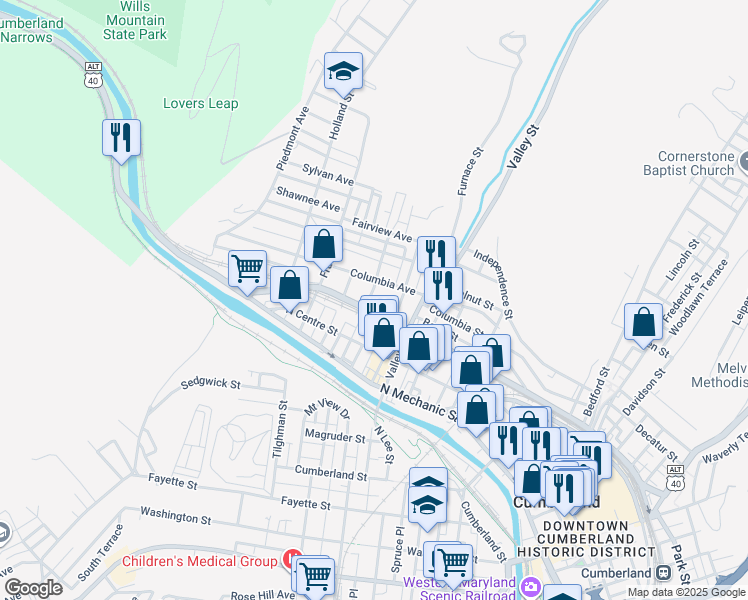 map of restaurants, bars, coffee shops, grocery stores, and more near 210 Pear Street in Cumberland
