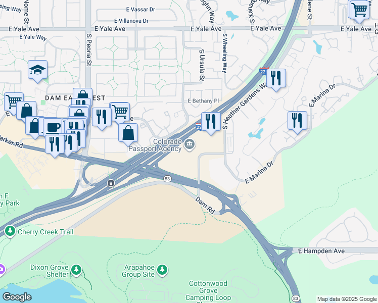 map of restaurants, bars, coffee shops, grocery stores, and more near 3151 South Vaughn Way in Aurora