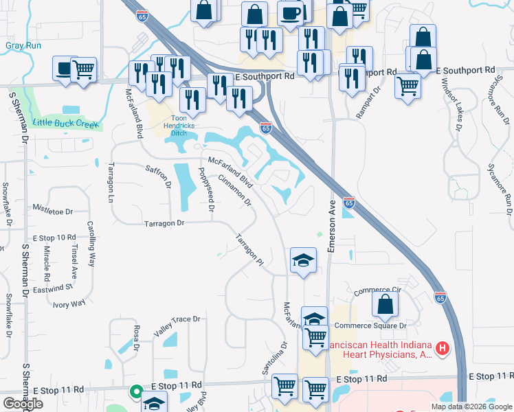 map of restaurants, bars, coffee shops, grocery stores, and more near 7423 Cinnamon Drive in Indianapolis