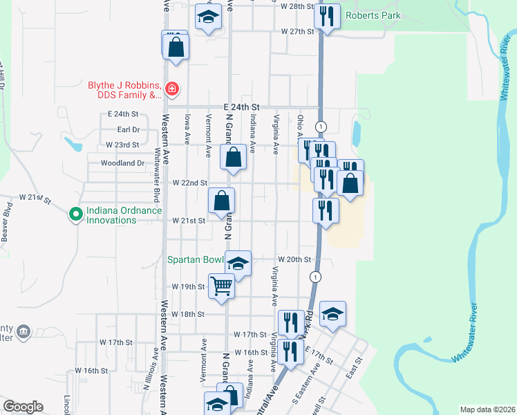 map of restaurants, bars, coffee shops, grocery stores, and more near 2147 Virginia Avenue in Connersville