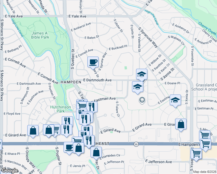 map of restaurants, bars, coffee shops, grocery stores, and more near 7900 East Dartmouth Avenue in Denver