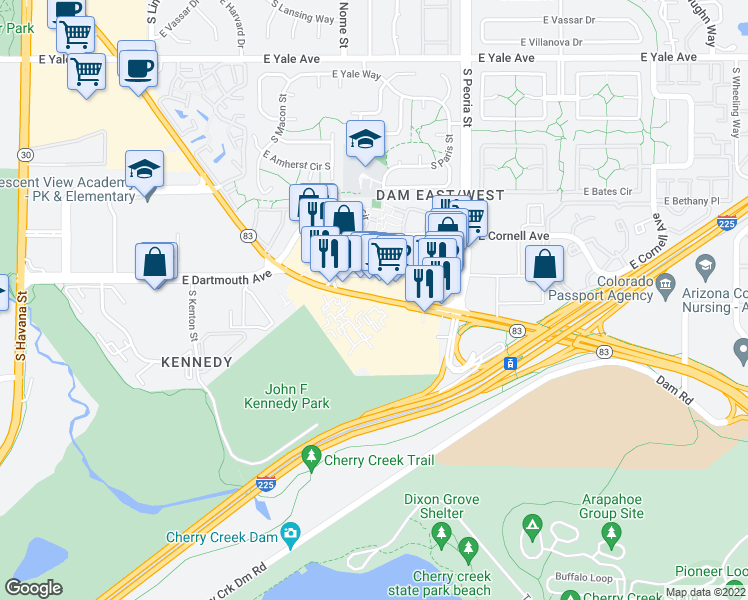 map of restaurants, bars, coffee shops, grocery stores, and more near Parker Rd in Denver