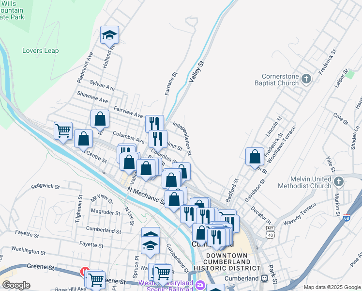 map of restaurants, bars, coffee shops, grocery stores, and more near 406 Chestnut Street in Cumberland