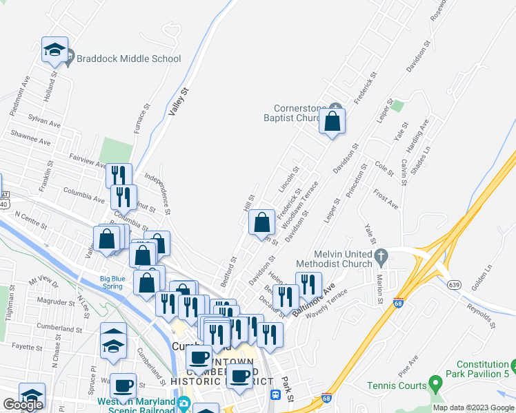 map of restaurants, bars, coffee shops, grocery stores, and more near 510 Bedford Street in Cumberland