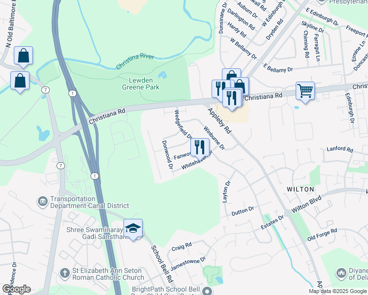 map of restaurants, bars, coffee shops, grocery stores, and more near 17 Granbury Drive in New Castle