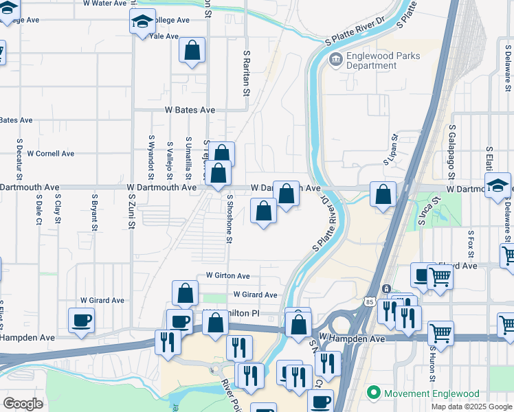 map of restaurants, bars, coffee shops, grocery stores, and more near 1600 W Dartmouth Ave in Englewood