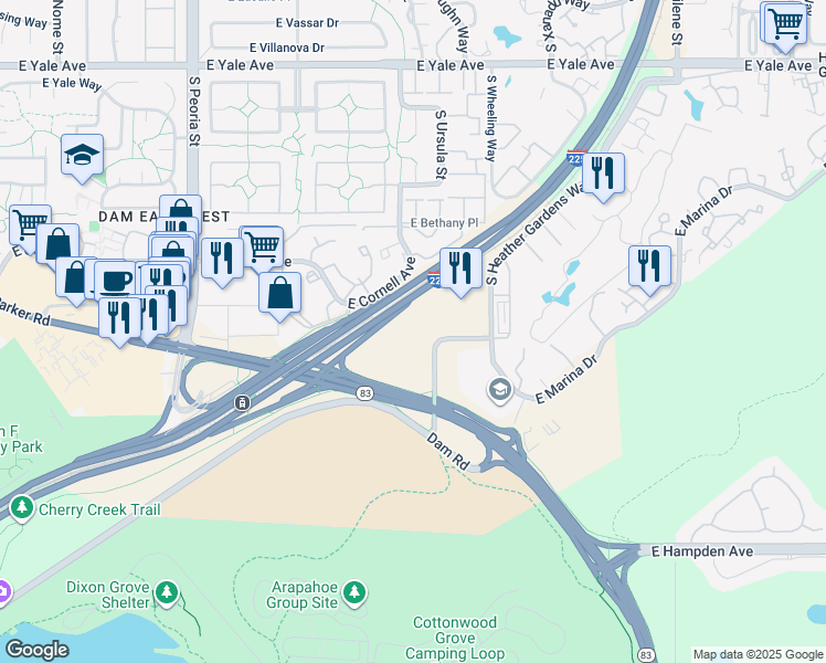 map of restaurants, bars, coffee shops, grocery stores, and more near 3131-3139 S Vaughn Way in Aurora