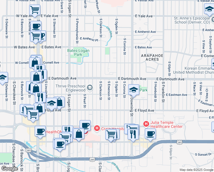 map of restaurants, bars, coffee shops, grocery stores, and more near 3117 South Emerson Street in Englewood
