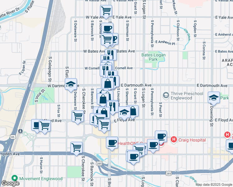 map of restaurants, bars, coffee shops, grocery stores, and more near 3111 South Lincoln Street in Englewood