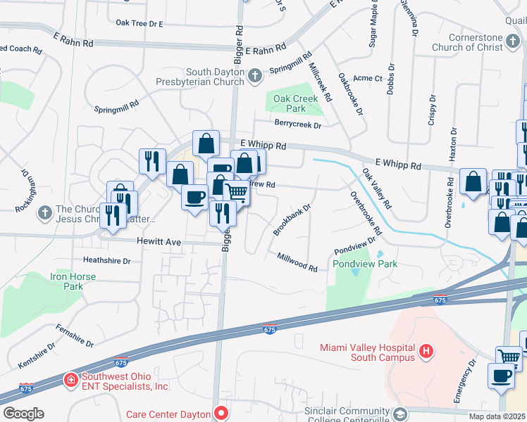 map of restaurants, bars, coffee shops, grocery stores, and more near 5705 Coach Drive East in Dayton