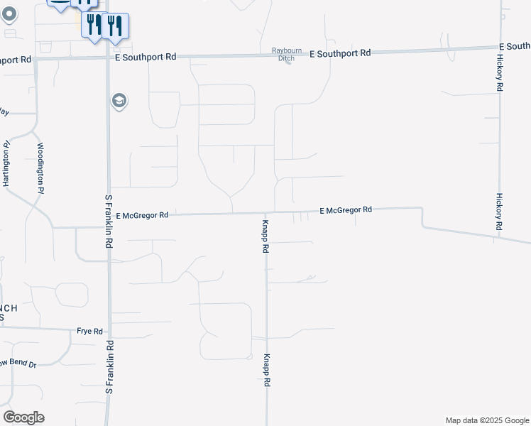 map of restaurants, bars, coffee shops, grocery stores, and more near 9000 East McGregor Road in Indianapolis
