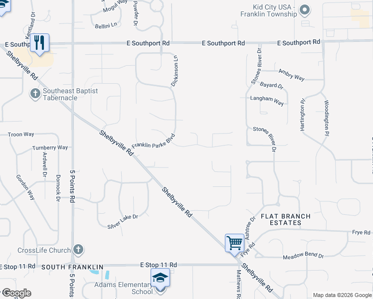 map of restaurants, bars, coffee shops, grocery stores, and more near 7514 Franklin Parke Woods in Indianapolis