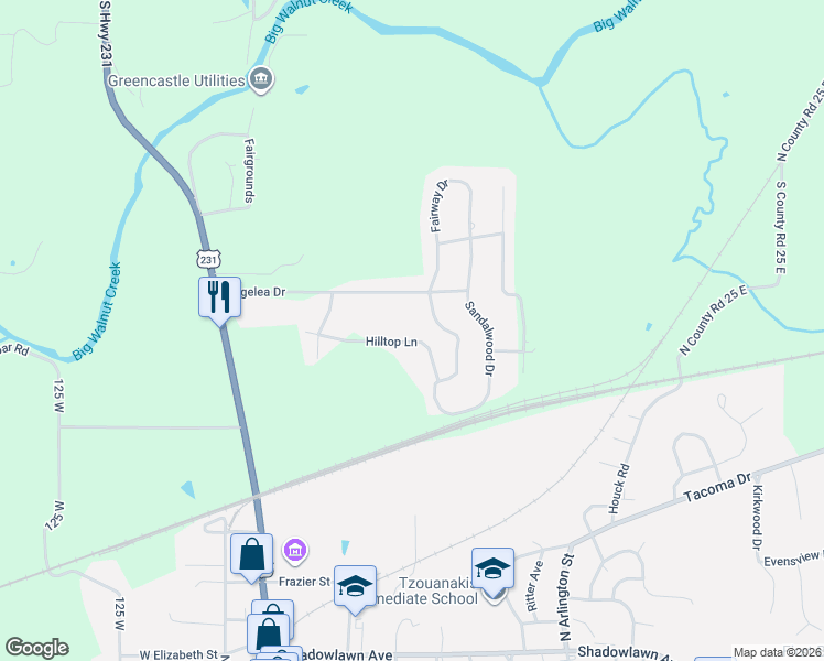 map of restaurants, bars, coffee shops, grocery stores, and more near 131 Hilltop Lane in Greencastle