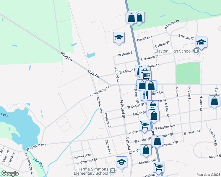 map of restaurants, bars, coffee shops, grocery stores, and more near 266 County Road 608 in Clayton