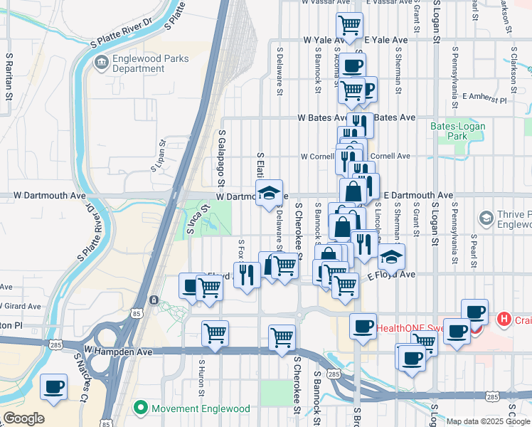map of restaurants, bars, coffee shops, grocery stores, and more near 3100 South Elati Street in Englewood