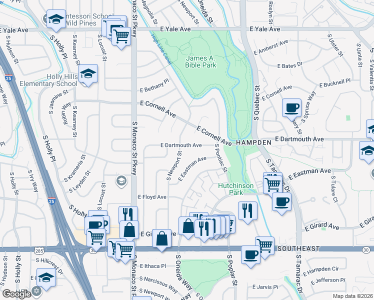 map of restaurants, bars, coffee shops, grocery stores, and more near 6847 East Dartmouth Avenue in Denver