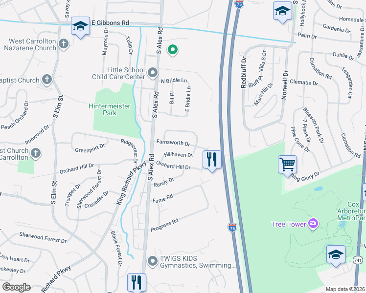 map of restaurants, bars, coffee shops, grocery stores, and more near 369 Farnsworth Drive in Dayton