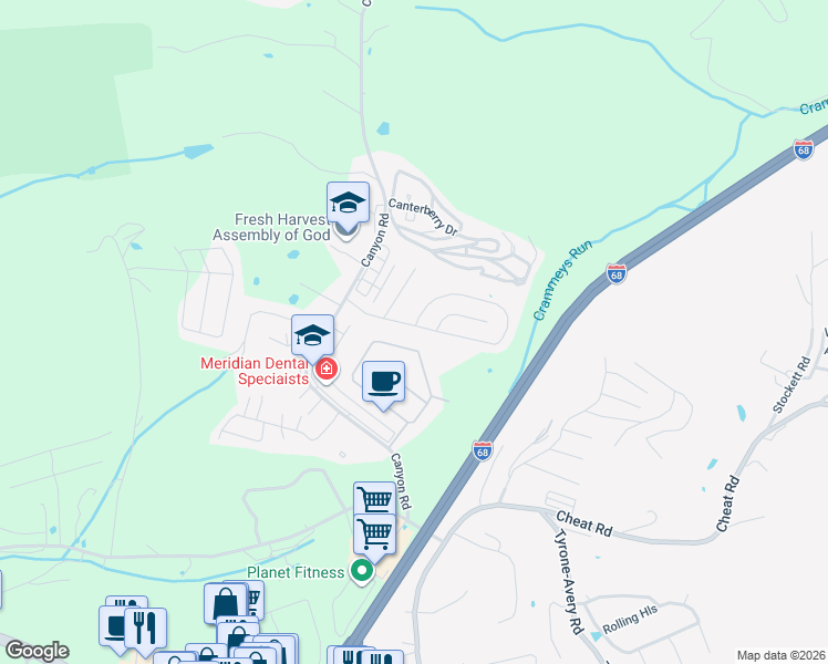 map of restaurants, bars, coffee shops, grocery stores, and more near 23 Antietam Dr in Morgantown