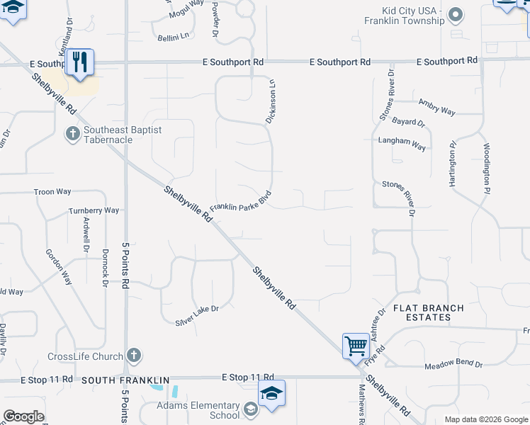 map of restaurants, bars, coffee shops, grocery stores, and more near 7430 Franklin Parke Woods in Indianapolis
