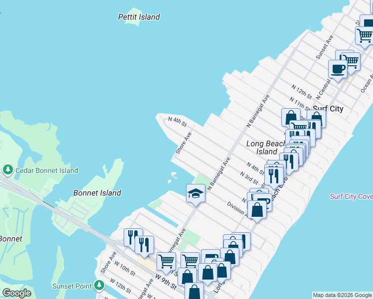 map of restaurants, bars, coffee shops, grocery stores, and more near 212 Shore Avenue in Surf City