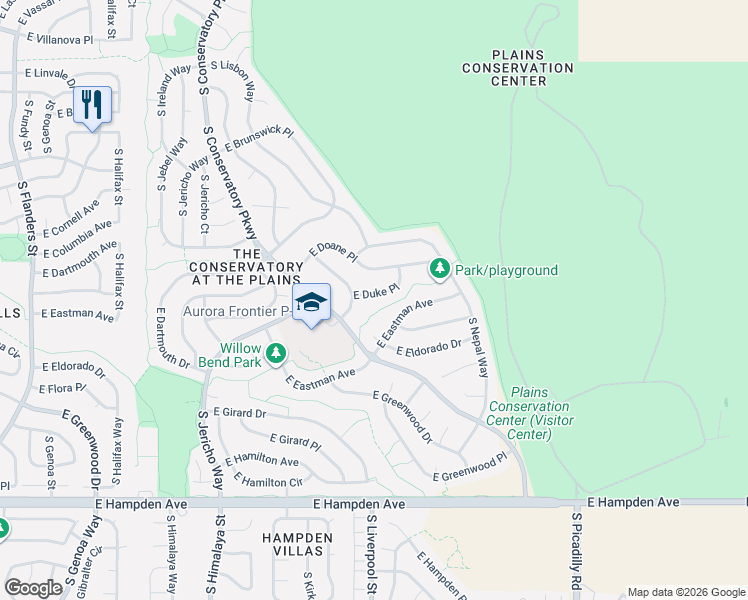 map of restaurants, bars, coffee shops, grocery stores, and more near 20936 East Duke Place in Aurora