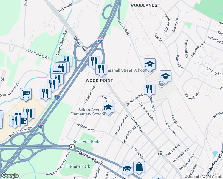 map of restaurants, bars, coffee shops, grocery stores, and more near Salem Avenue in Hagerstown