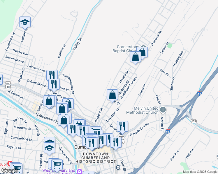 map of restaurants, bars, coffee shops, grocery stores, and more near 526 Bedford Street in Cumberland