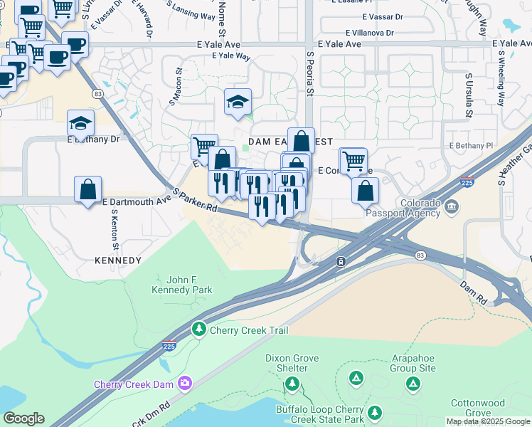 map of restaurants, bars, coffee shops, grocery stores, and more near 3130 South Parker Road in Aurora