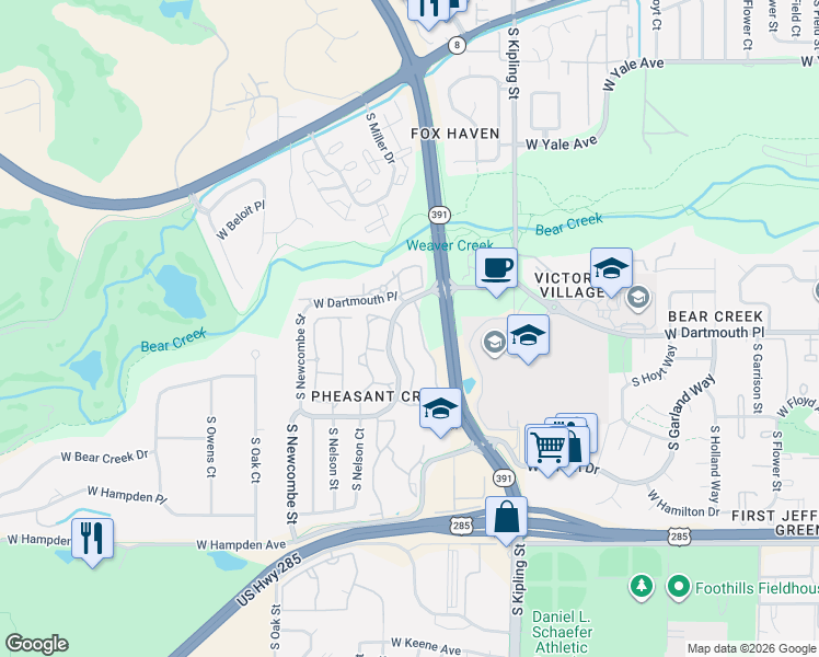 map of restaurants, bars, coffee shops, grocery stores, and more near 10260 West Dartmouth Avenue in Lakewood