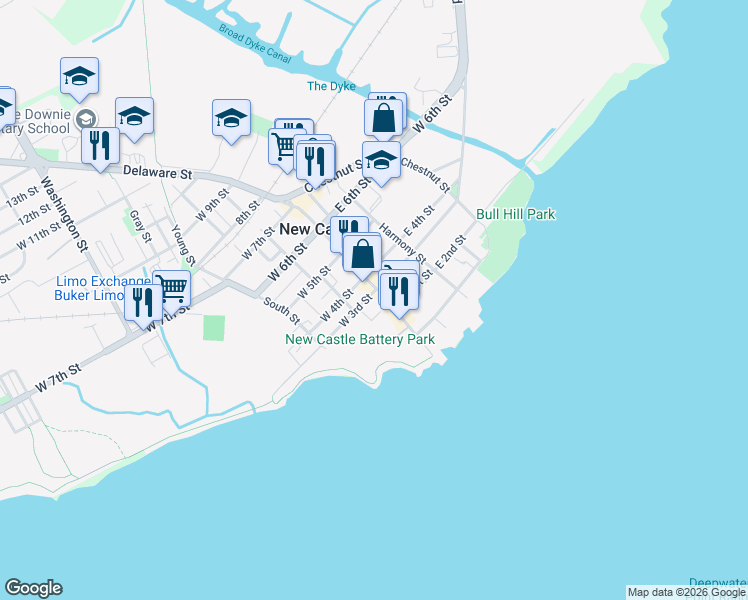 map of restaurants, bars, coffee shops, grocery stores, and more near 220 Delaware Street in New Castle