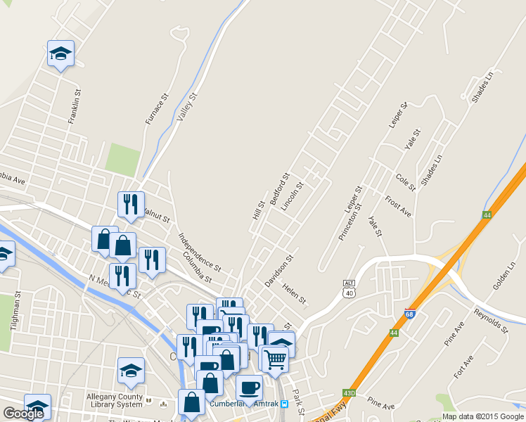 map of restaurants, bars, coffee shops, grocery stores, and more near 526 Bedford Street in Cumberland