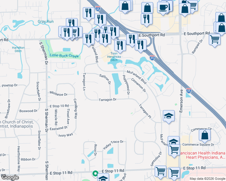 map of restaurants, bars, coffee shops, grocery stores, and more near 7355 Saffron Drive in Indianapolis
