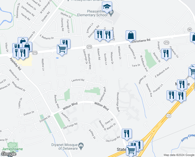 map of restaurants, bars, coffee shops, grocery stores, and more near 203 Highland Boulevard in New Castle