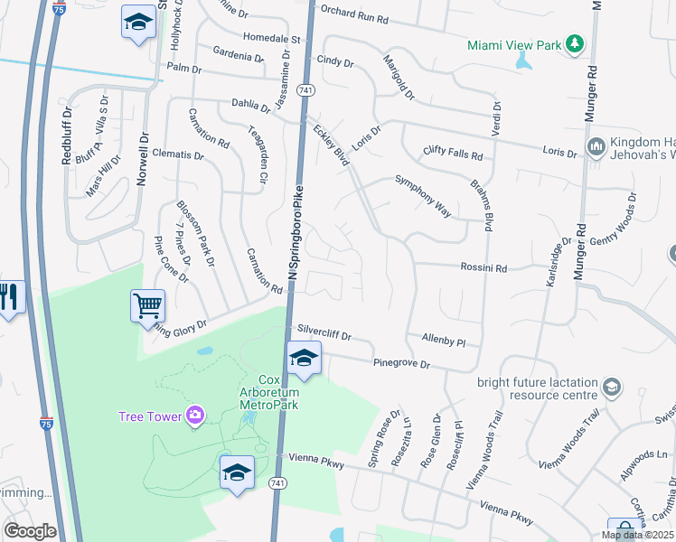 map of restaurants, bars, coffee shops, grocery stores, and more near 2916 Spring Falls Drive in Dayton