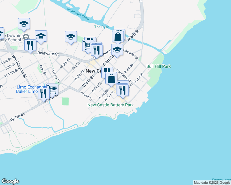 map of restaurants, bars, coffee shops, grocery stores, and more near 220 Delaware Street in New Castle