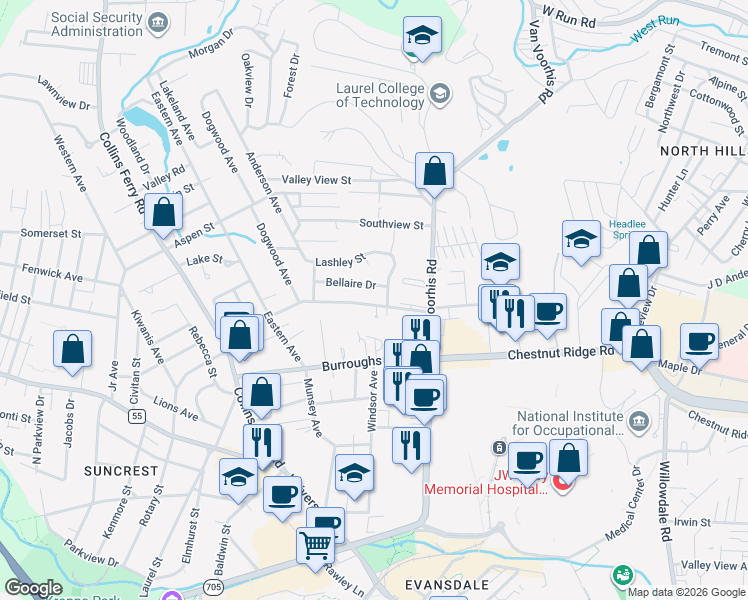 map of restaurants, bars, coffee shops, grocery stores, and more near 672 Bellaire Drive in Morgantown