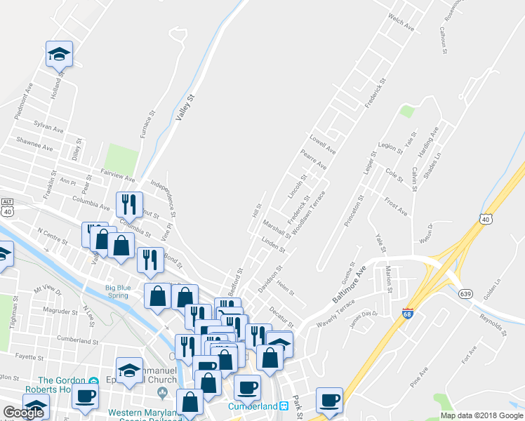 map of restaurants, bars, coffee shops, grocery stores, and more near 518 Bedford Street in Cumberland