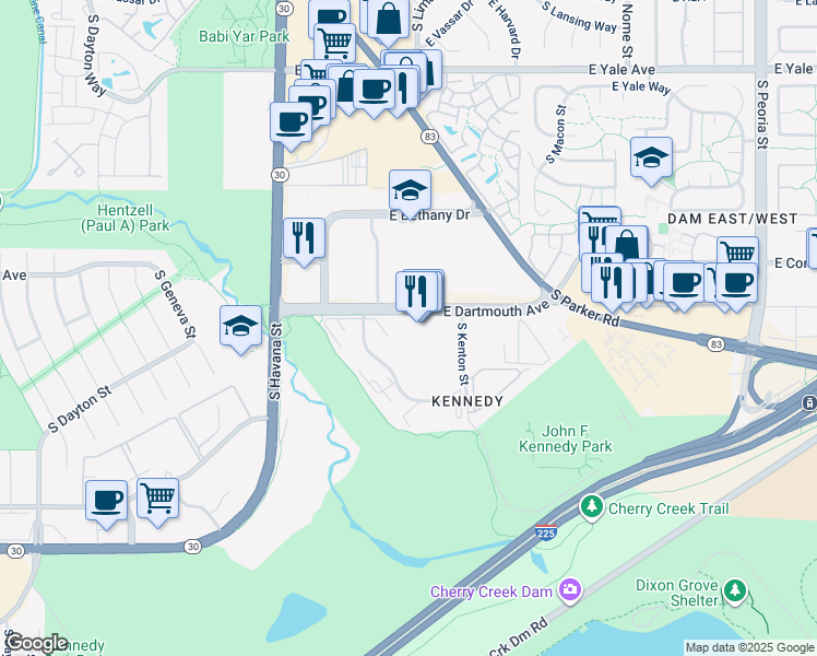 map of restaurants, bars, coffee shops, grocery stores, and more near 10890 East Dartmouth Avenue in Denver