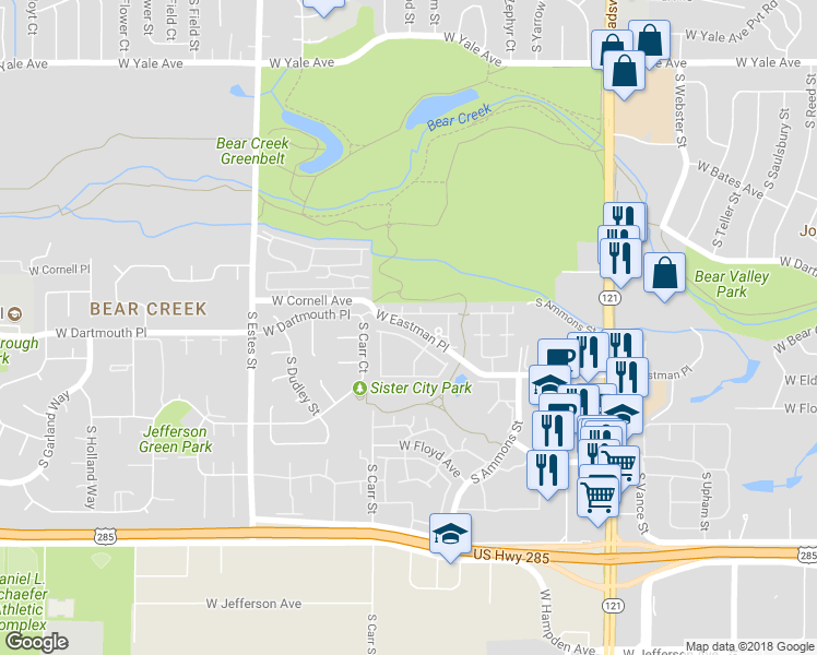 map of restaurants, bars, coffee shops, grocery stores, and more near 8364 West Eastman Place in Denver