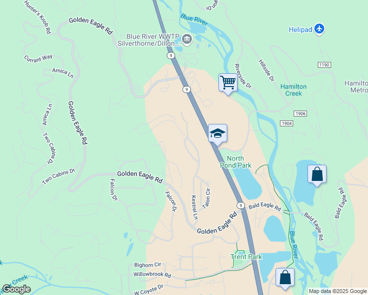 map of restaurants, bars, coffee shops, grocery stores, and more near 279 Kestrel Lane in Silverthorne
