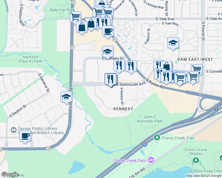 map of restaurants, bars, coffee shops, grocery stores, and more near 10890 East Dartmouth Avenue in Denver