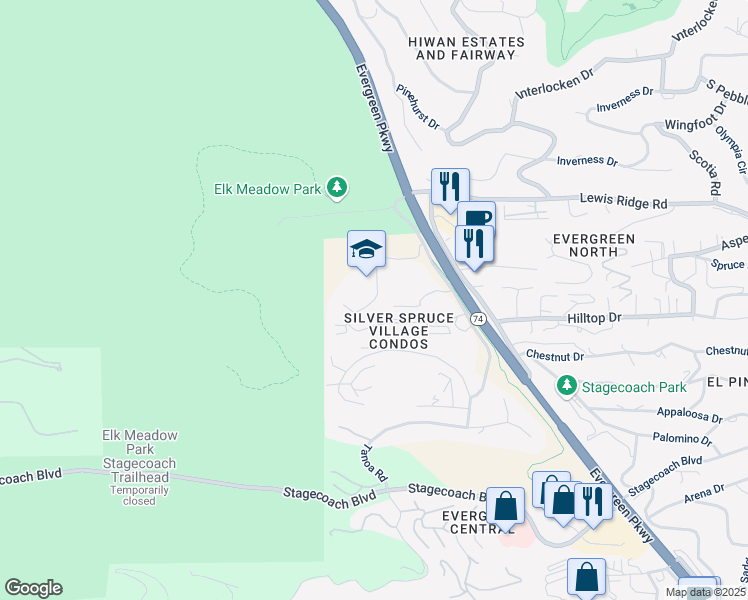 map of restaurants, bars, coffee shops, grocery stores, and more near 3089 Royale Elk Way in Evergreen
