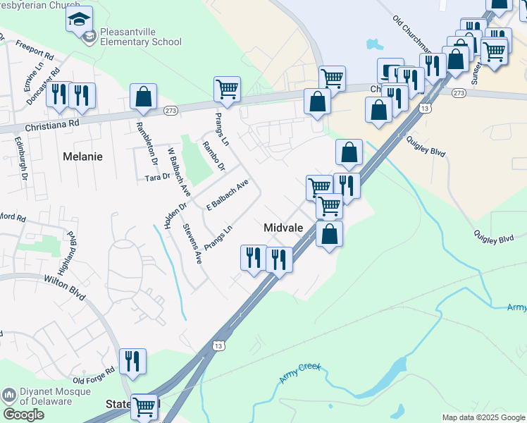 map of restaurants, bars, coffee shops, grocery stores, and more near 114 3rd Avenue in New Castle