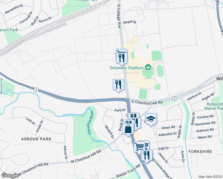map of restaurants, bars, coffee shops, grocery stores, and more near 640 South College Avenue in Newark