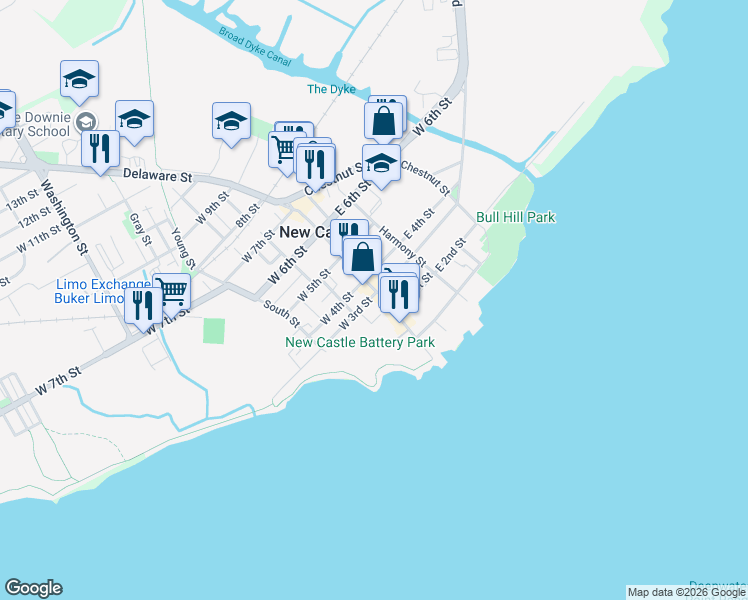 map of restaurants, bars, coffee shops, grocery stores, and more near 220 Delaware Street in New Castle