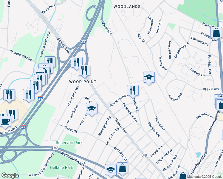 map of restaurants, bars, coffee shops, grocery stores, and more near 1362 Connecticut Avenue in Hagerstown
