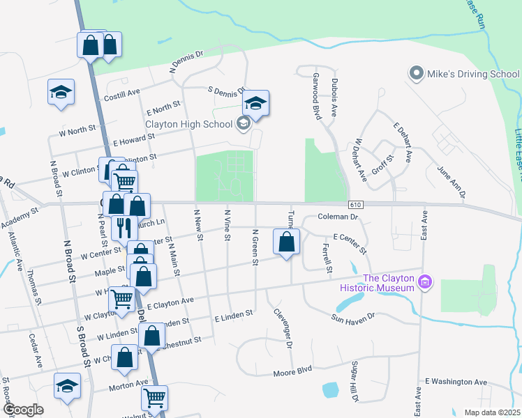 map of restaurants, bars, coffee shops, grocery stores, and more near 322 North Green Street in Clayton
